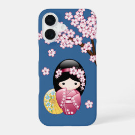 春こけし人形 – かわいい日本の芸者オンブルー iPhone 16ケース