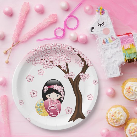 春こけし人形 – かわいい日本の芸者ガール ペーパープレート (パーティー)