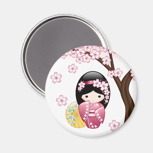 春こけし人形 – かわいい日本の芸者ガール マグネット (正面/裏面)