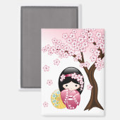 春こけし人形 – かわいい日本の芸者ガール マグネット (正面/裏面)