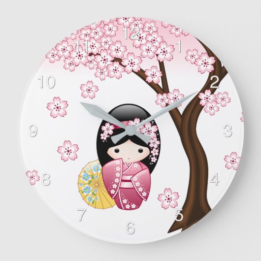 春こけし人形 – かわいい日本の芸者ガール ラージ壁時計 (正面)