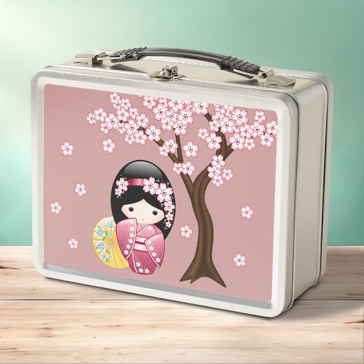 春こけし人形 – かわいい日本の芸者ピンク メタルランチボックス