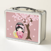 春こけし人形 – かわいい日本の芸者ピンク メタルランチボックス (裏面)