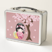 春こけし人形 – かわいい日本の芸者ピンク メタルランチボックス (正面)