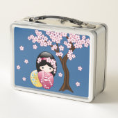 春こけし人形 – かわいい日本の芸者ブルー メタルランチボックス (裏面)