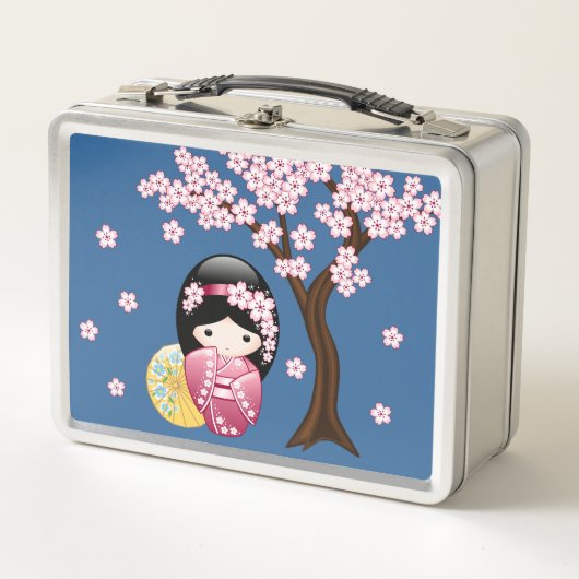 春こけし人形 – かわいい日本の芸者ブルー メタルランチボックス (正面)