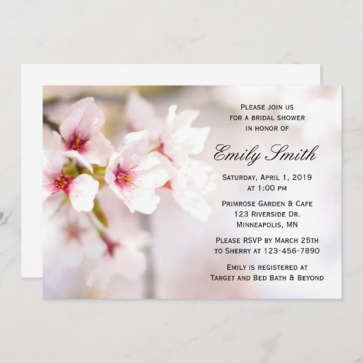 春さくらんぼフローズピンクホワイトブライダルシャワー 招待状 (正面/裏面)