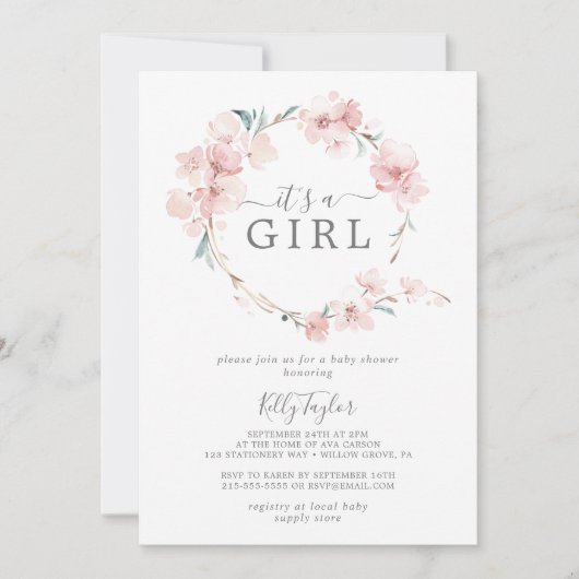 春さくらんぼブロッサム女の子ベビーシャワー 招待状 (正面)