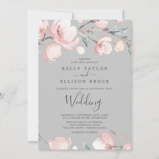 春さくらんぼ花 |グレー結婚式招待状 招待状 (正面)