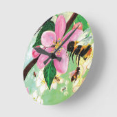 春とミツバチの花の木 ラウンド壁時計 (傾斜)