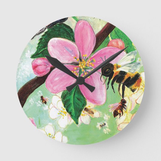 春とミツバチの花の木 ラウンド壁時計 (正面)