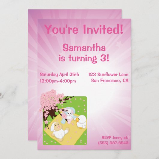 春のお祝いのピクニック 招待状 (正面/裏面)