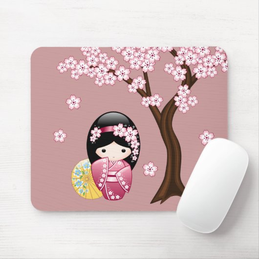 春のこけし人形 - ピンクの可愛い日本芸者 マウスパッド (マウス)
