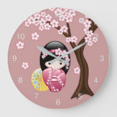 春のこけし人形 - ピンクの可愛い日本芸者 ラージ壁時計 (正面)