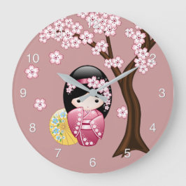 春のこけし人形 - ピンクの可愛い日本芸者 ラージ壁時計