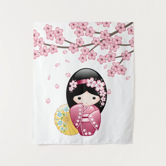 春のこけし人形 - 可愛い日本のお花見芸者さん タペストリー (正面)