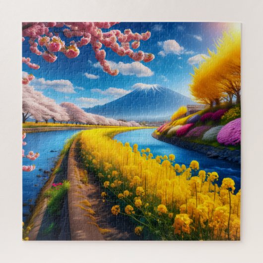 春のさくらんぼの花と山の景色 ジグソーパズル (縦)