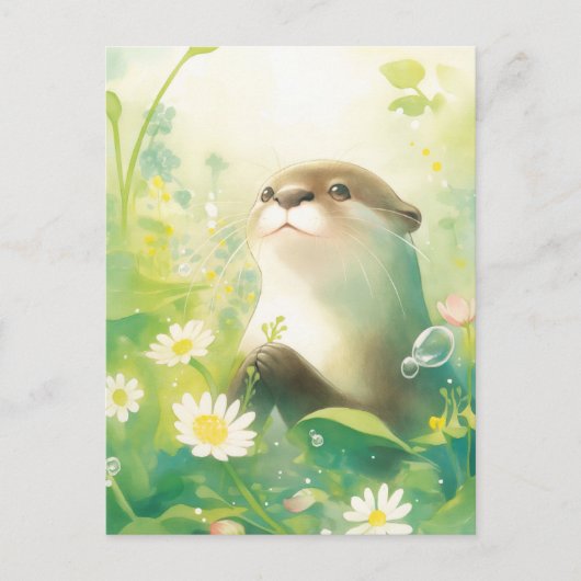 春のひな菊の草原のかわいいカワウソ ポストカード (正面)