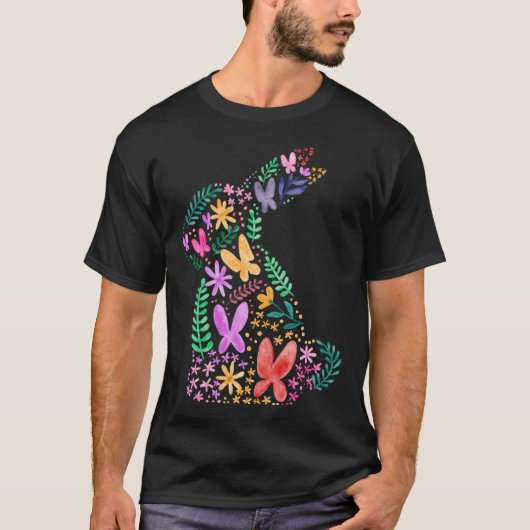 春のイースターウサギの楽しい蝶と花 Tシャツ (正面)