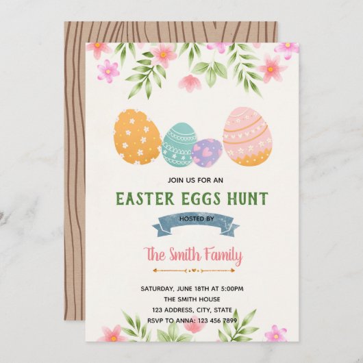 春のイースターエッグハント誕生日パーティーの招待状 招待状 (正面/裏面)