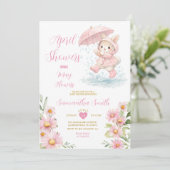 春のウサギのレインブーツ ピンクの花 アプリルシャワーズ 招待状 (スタンド正面)