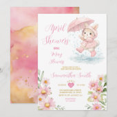 春のウサギのレインブーツ ピンクの花 アプリルシャワーズ 招待状 (正面/裏面)