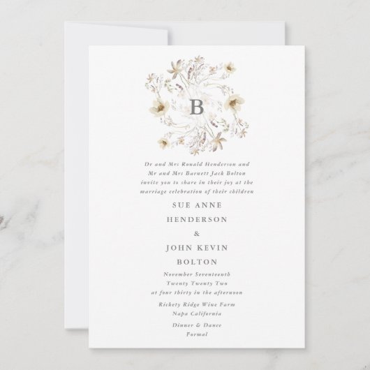 春のエレガントなワイルドフラワーの花輪 フローラルウェディング 招待状 (正面)