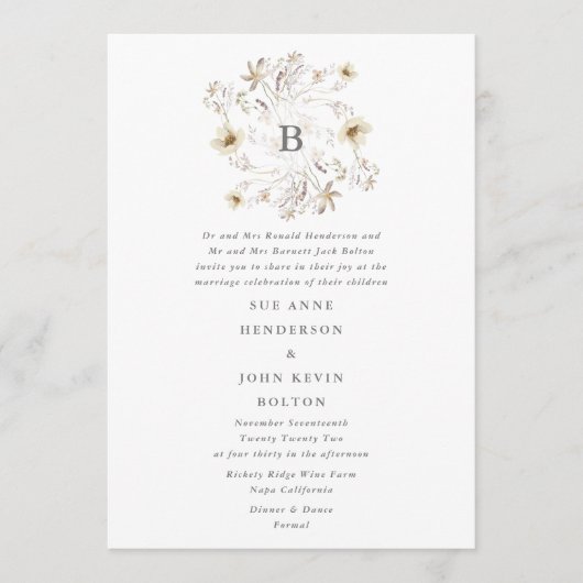 春のエレガントなワイルドフラワーの花輪 フローラルウェディング 招待状 (正面)