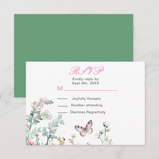 春のグリーン バタフライ フラワーの結婚式 出欠カード (正面/裏面)