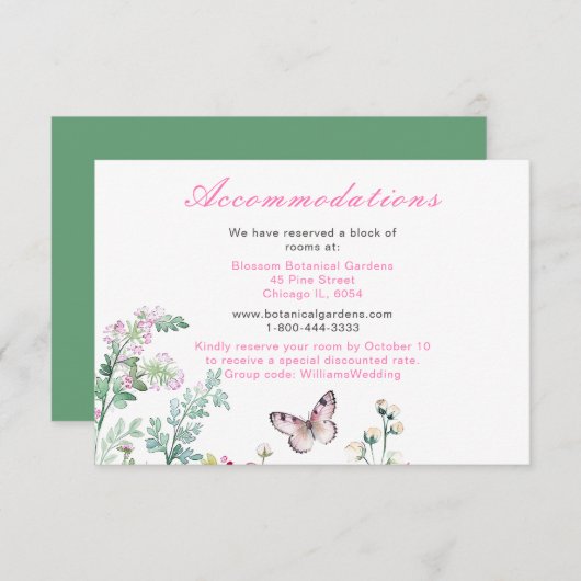 春のグリーン・バタフライ・フラワーズ・ウェディング エンクロージャーカード (正面/裏面)