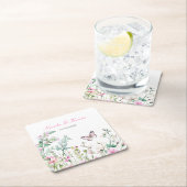 春のグリーン バタフライ フラワー ウェディング スクエアペーパーコースター (インサイチュ)