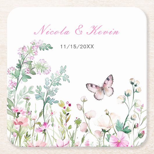 春のグリーン バタフライ フラワー ウェディング スクエアペーパーコースター (正面)