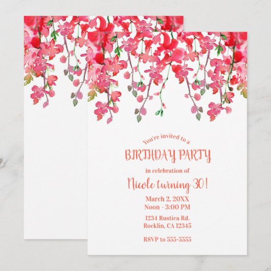春のサンゴ色オーチッドの枝 花の誕生日パーティー 招待状 (正面/裏面)