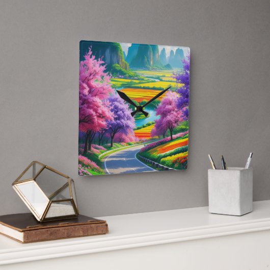 "春のセレニティ – タイムレスフローラパスウォールクロック スクエア壁時計 (オフィス)