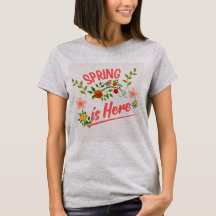 春のタイポグラフィがプリントされたグレー色の女性用Tシャツ