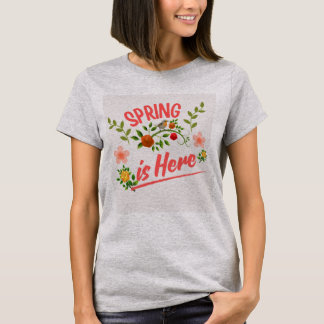 春のタイポグラフィがプリントされたグレー色の女性用Tシャツ Tシャツ