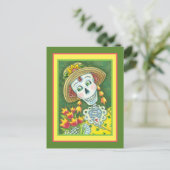 春のタイムスケリーとチューリップ女性のスケルトンおもしろい シーズンポストカード (スタンド正面)