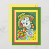 春のタイムスケリーとチューリップ女性のスケルトンおもしろい シーズンポストカード (正面/裏面)