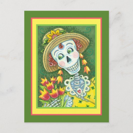 春のタイムスケリーとチューリップ女性のスケルトンおもしろい シーズンポストカード (正面)