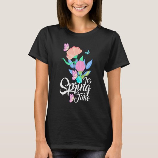 春のタイム春の花と蝶ファ Tシャツ (正面)