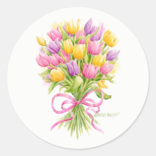 春のチューリップの花束ステッカー ラウンドシール (正面)