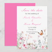 春のディープピンク蝶 花の結婚式 セーブザデート (正面/裏面)