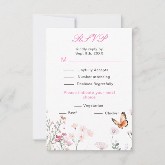 春のディープピンク蝶 花の結婚式 出欠カード (正面)
