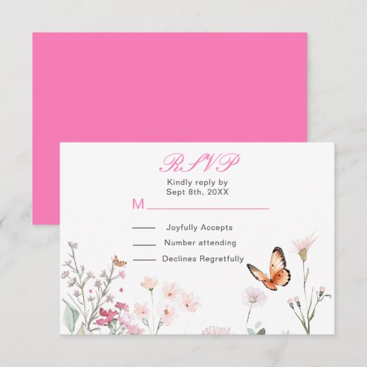 春のディープピンク蝶 花柄 ウェディング 出欠カード (正面/裏面)