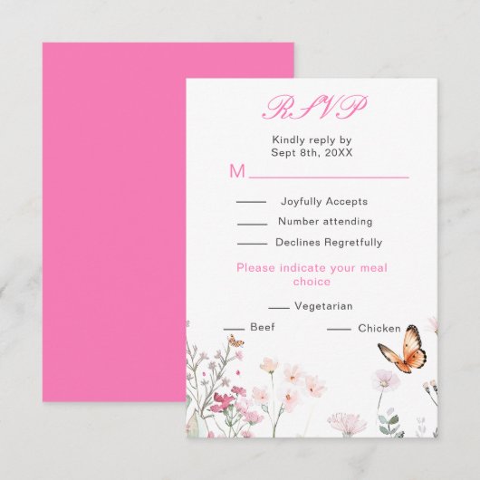 春のディープピンク蝶 花柄 ウェディング 出欠カード (正面/裏面)