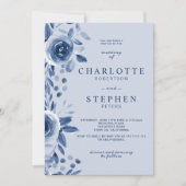 春のネイビーブルーの花の水彩画ウェディングフォト 招待状 (正面)