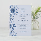 春のネイビーブルーの花の水彩画ウェディングフォト 招待状 (スタンド正面)