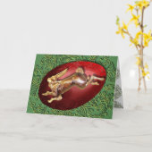 春のノウサギ及び赤い卵カード カード (黄色い花)