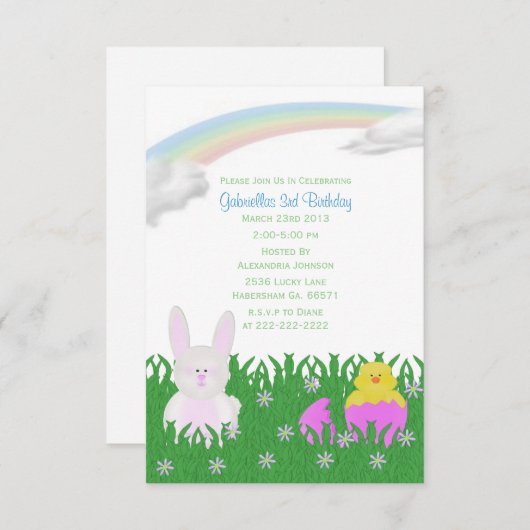 春のバニーのバースデーパーティ招待状 招待状 (正面/裏面)