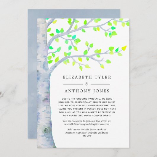 春のバーチの木の結婚式 減少したゲストリスト 案内状 (正面/裏面)